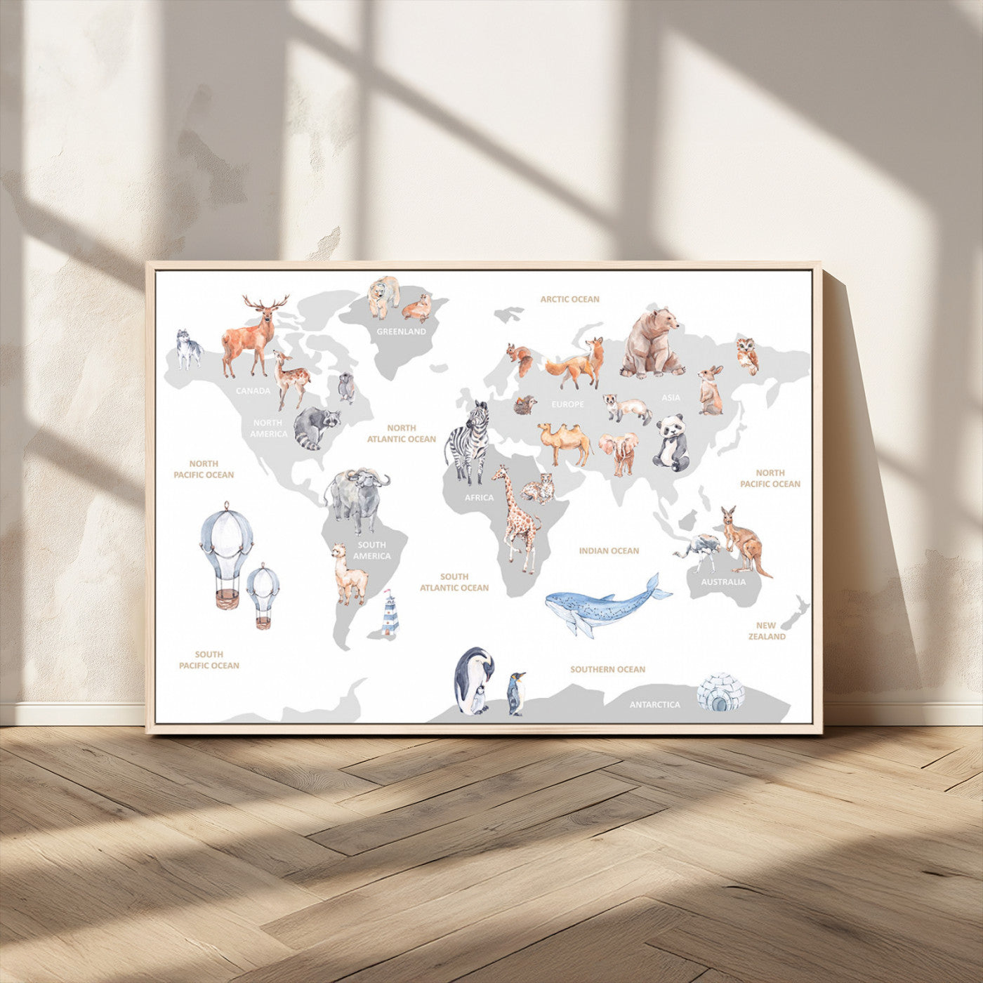 12796-MGV-CV-36X24-Animal World Map Wall Art – Watercolor Animal Canvas Print, Educational Global Map Poster for Kids Room, Nursery, Playroom,