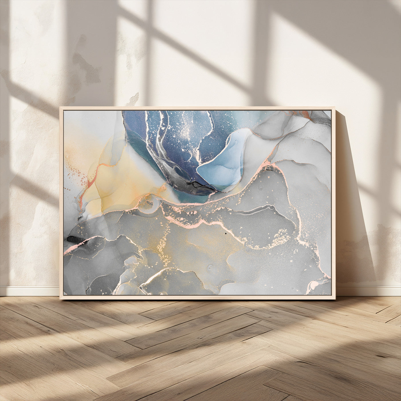 18176-MGV-CV-36X24-Abstract Fluid Wall Art – Modern Marble Ink Canvas Print with Blue, Gold, and Gray Tones, Contemporary Minimal Artwork Decor for