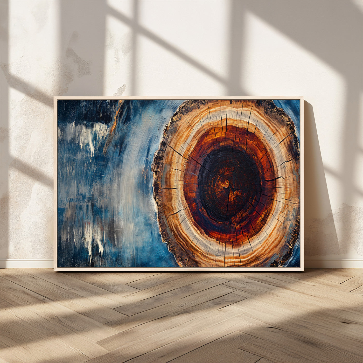 48045-MGV-FC-36X24_Natural-Tree Ring Abstract Wall Art – Rustic Wood Grain Canvas Print with Brown Center and Blue Brush Strokes, Nature Inspired Artwork for