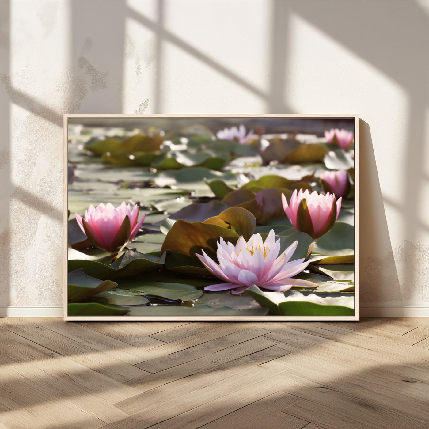 28394-MGV-CV-36X24-Water Lily Pond Wall Art – Pink Lotus Flowers Canvas Print with Green Lily Pads, Peaceful Botanical Artwork for Living Room,