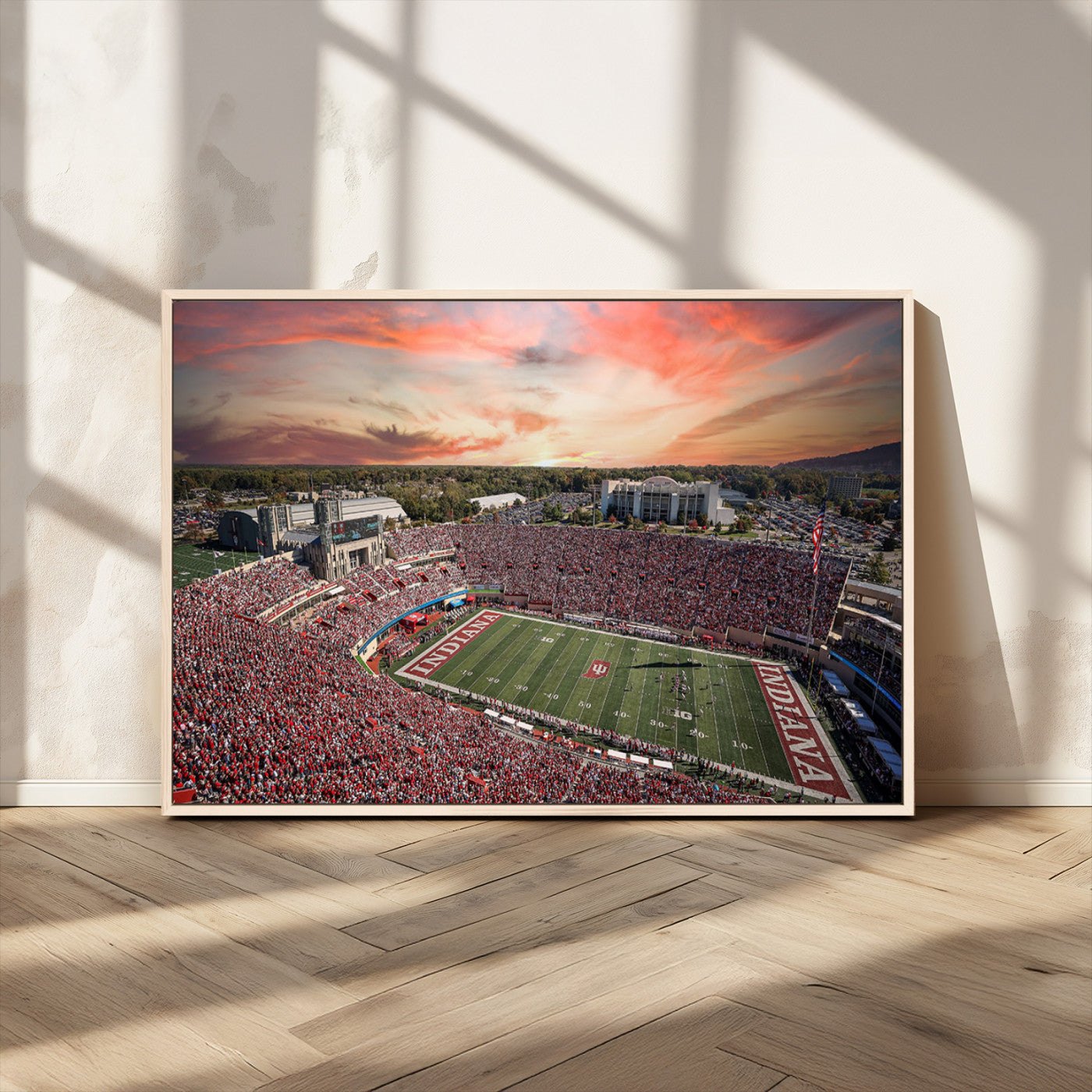 51135-MGV-CV-36X24-Indiana Hoosiers Stadium Wall Art – Panoramic Football Canvas Print with Game Day Crowd and Sunset Sky, Sports Artwork for Man