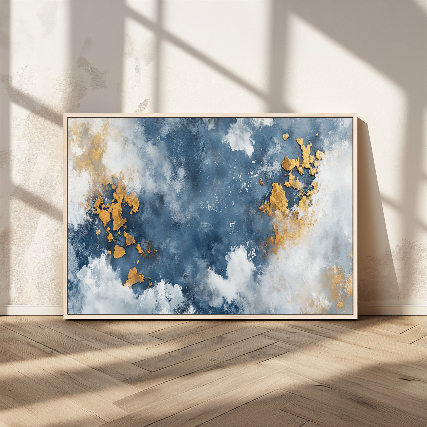 39575-MGV-CV-36X24-Blue and Gold Abstract Wall Art – Modern Canvas Print Featuring Cloudy Textures with Metallic Accents, Contemporary Artwork for
