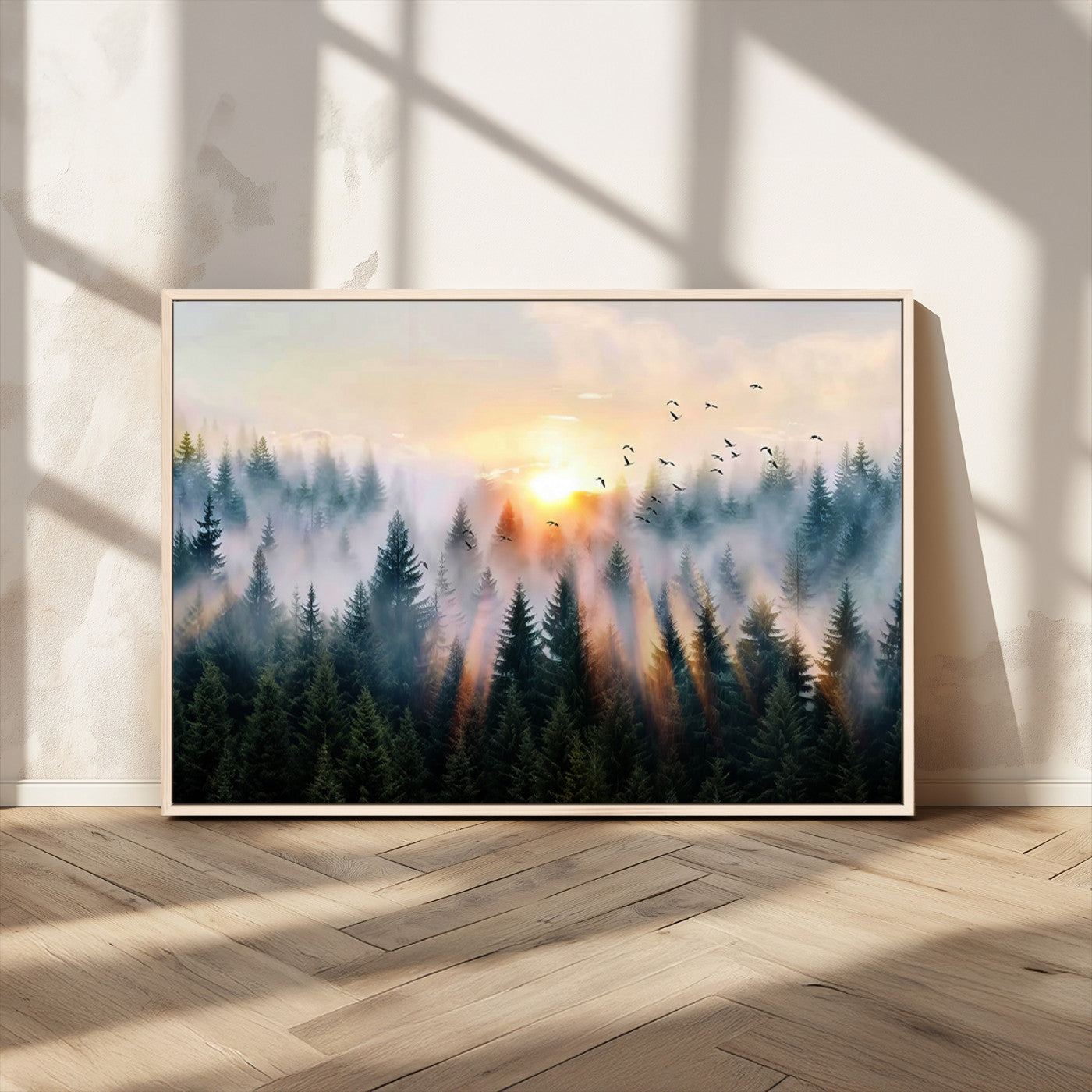 56391411-MGV-CV-36X24-Misty Forest Wall Art Canvas Print, Framed Sunrise Pines Art Picture Print, Moody Pines Perfect Serene Woodland Decor Artwork