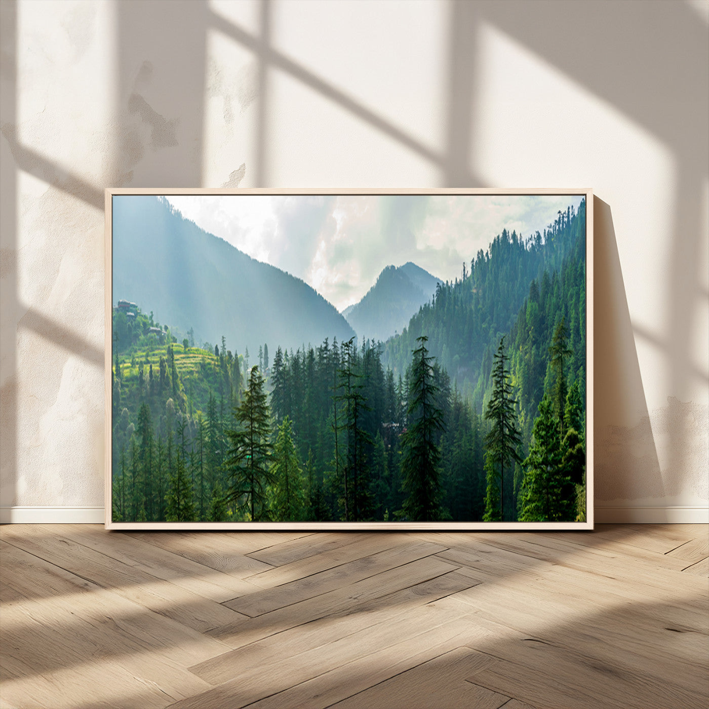 83417191-MGV-CV-36X24-Misty Mountain Forest Wall Art – Pine Tree Landscape Canvas Print, Nature Photography Panorama, Tranquil Green Forest Décor for