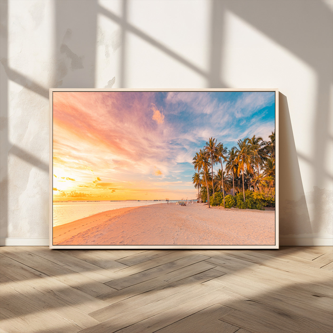41542880-MGV-CV-36X24-Tropical Beach Wall Art Canvas Print, Framed Palm Trees Art Picture Print, Sunset Shore Perfect Tropical Coastal Decor Artwork