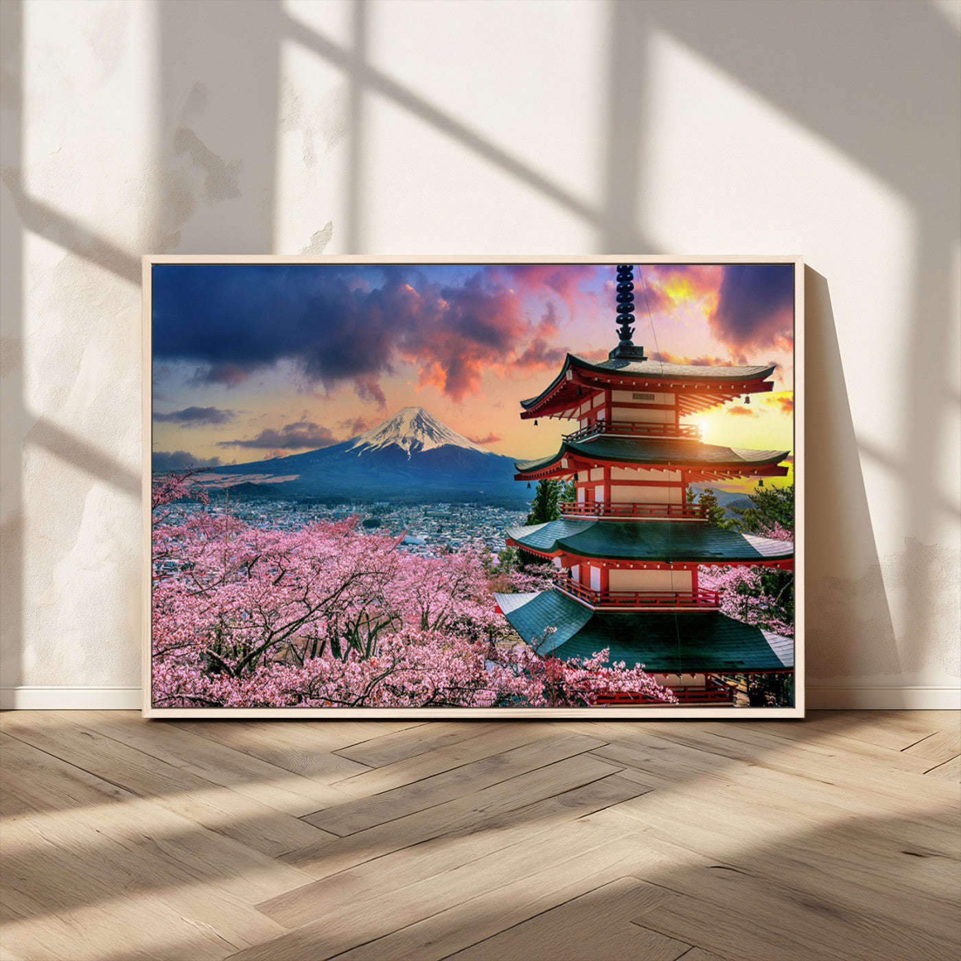 32331262-MGV-CV-36X24-Mount Fuji Japan Wall Art – Cherry Blossom Landscape Canvas Print, Chureito Pagoda Sunset Photography, Japanese Nature Travel