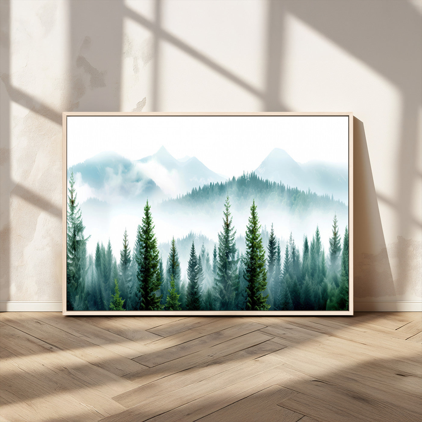 16716676-MGV-CV-36X24-Pine Forest Wall Art Canvas Print, Framed Misty Mountains Art Picture Print, Foggy Trees Perfect Moody Forest Decor Artwork