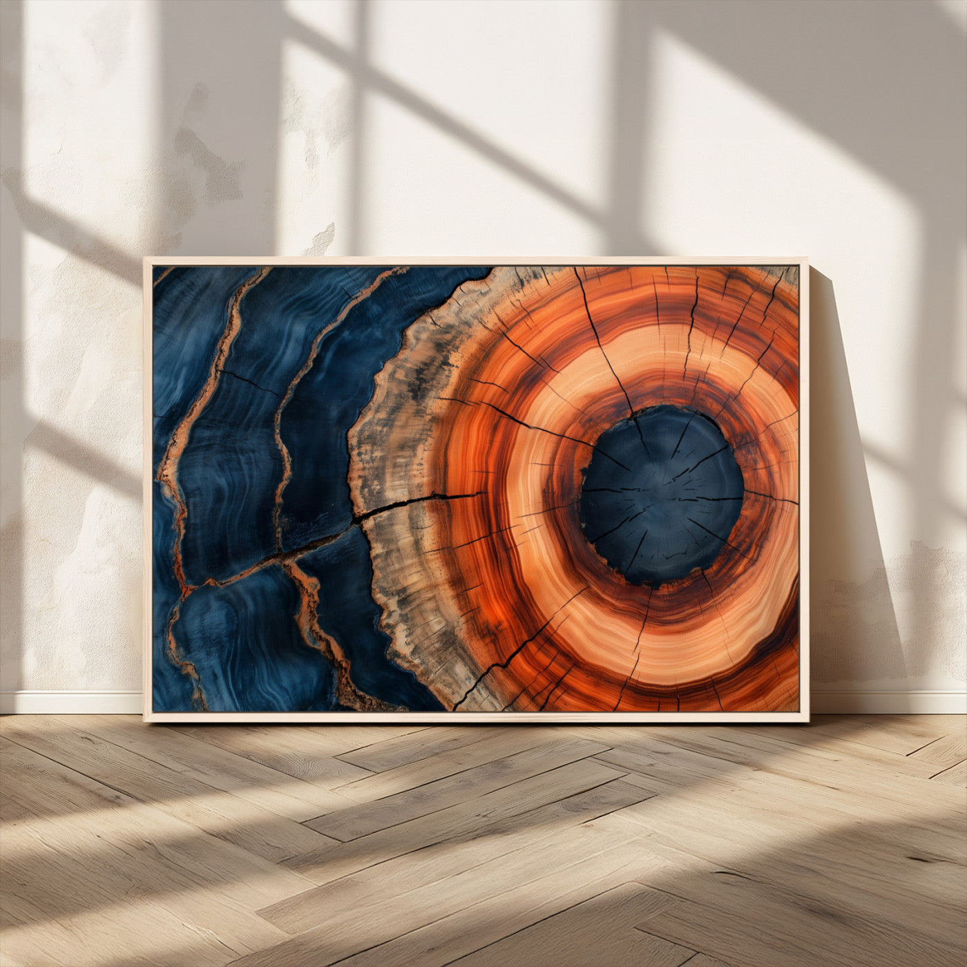 41123192-MGV-CV-36X24-Tree Ring Canvas Wall Art – Abstract Blue Orange Wood Grain Print, Rustic Modern Nature Artwork for Living Room, Bedroom, Office