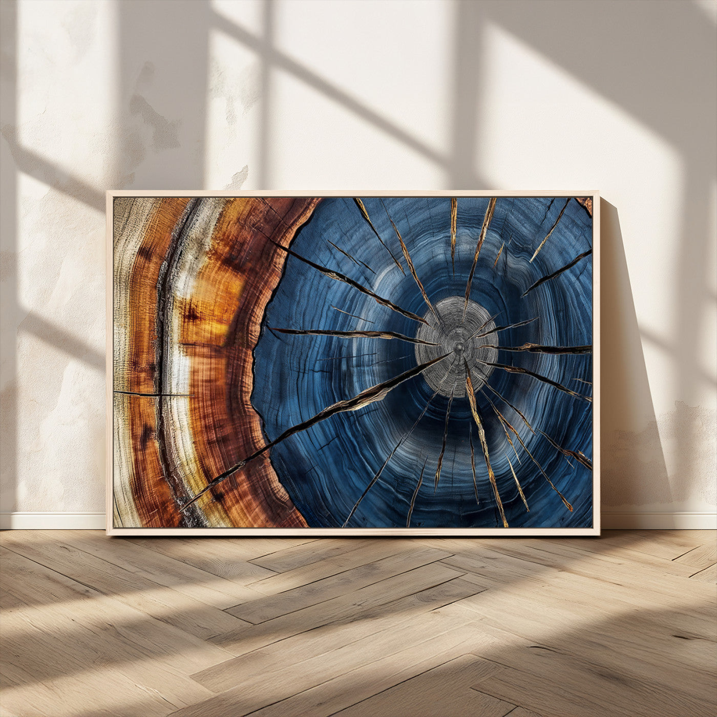 45268471-MGV-CV-36X24-Blue Tree Ring Wall Art – Rustic Wood Cross Section Canvas Print, Modern Abstract Nature Decor for Living Room, Office, or Cabin