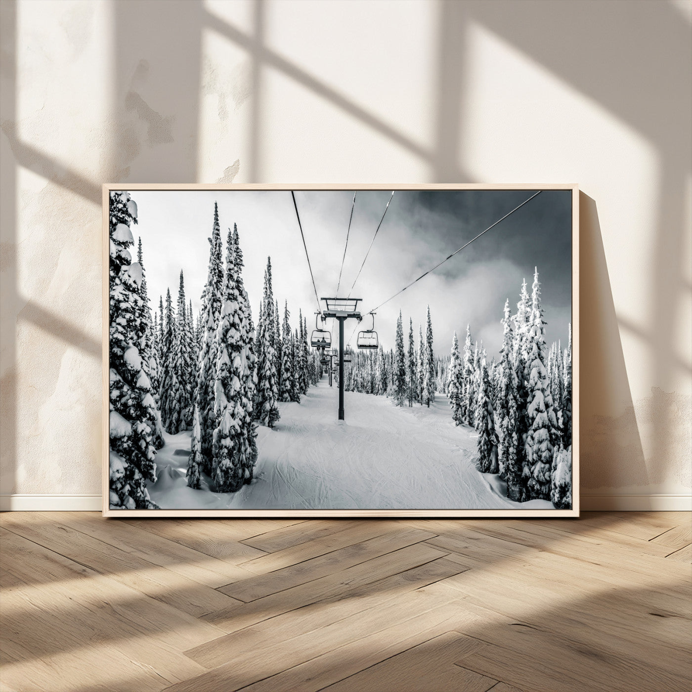 31156828-MGV-CV-36X24-Snowy Pines Wall Art Canvas Print, Framed Ski Lift Art Picture Print, Winter Forest Perfect Moody Lodge Decor Artwork