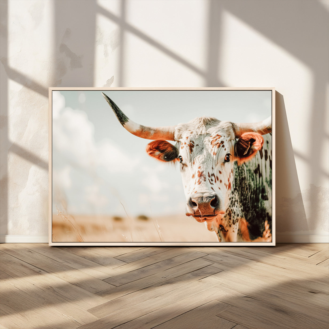 72766375-MGV-FC-36X24_Natural-Texas Longhorn Wall Art Canvas Print, Framed Spotted Cow Art Picture Print, Horned Cattle Perfect Rustic Western Decor Artwork