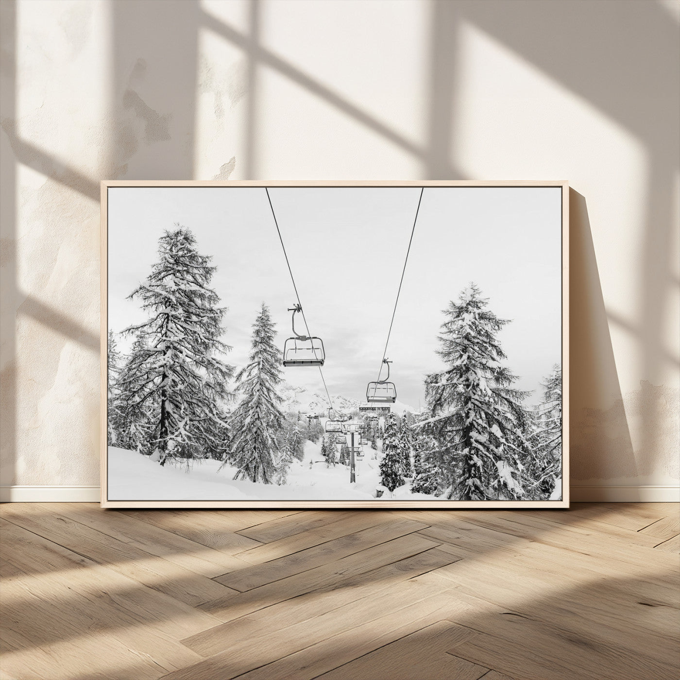 55003599-MGV-FC-36X24_Natural-Snowy Ski Lift Wall Art Canvas Print, Framed Winter Forest Art Picture Print, Ski lift Ride Perfect Winter Lodge Decor Artwork