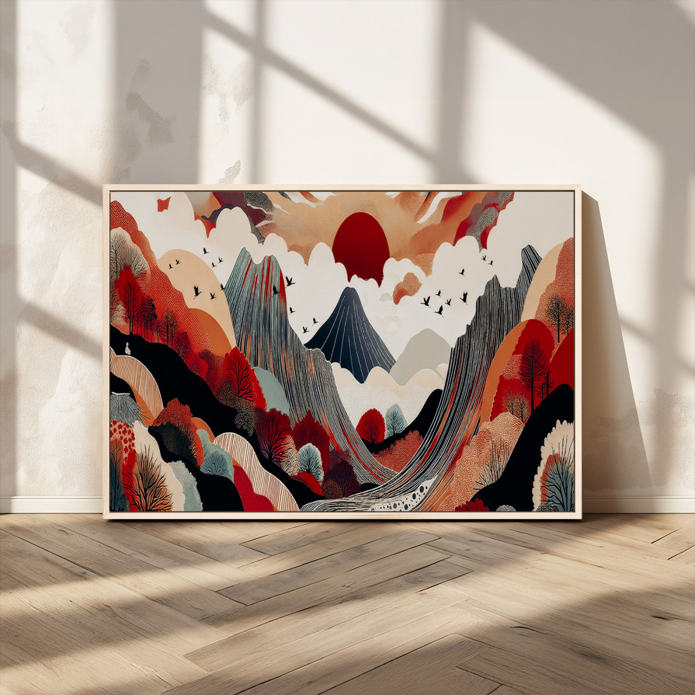 59495752-MGV-CV-36X24-Abstract Mountain Wall Art Canvas Print, Framed Vibrant Landscape Art Picture Print, Nature Drawing Perfect Contemporary