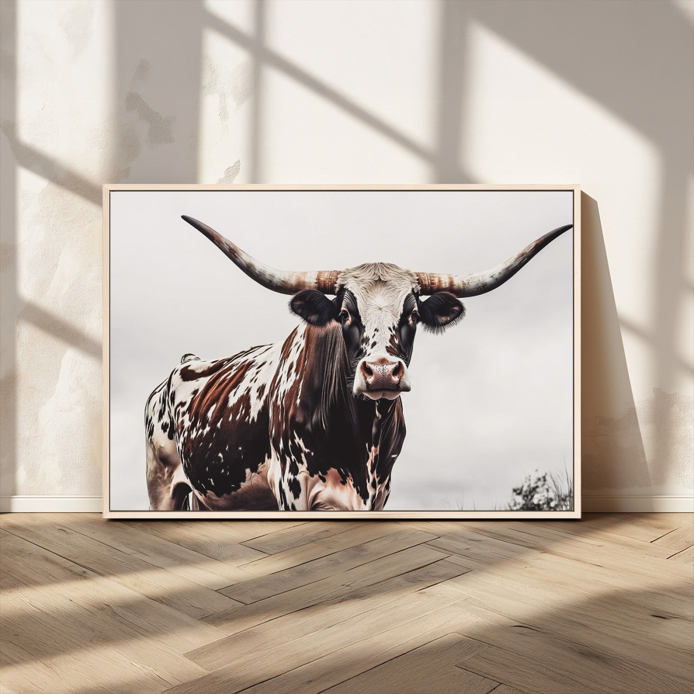 95249234-MGV-CV-36X24-Texas Longhorn Wall Art Canvas Print, Framed Spotted Bull Art Picture Print, Horned Cattle Perfect Rustic Farmhouse Decor Artwork
