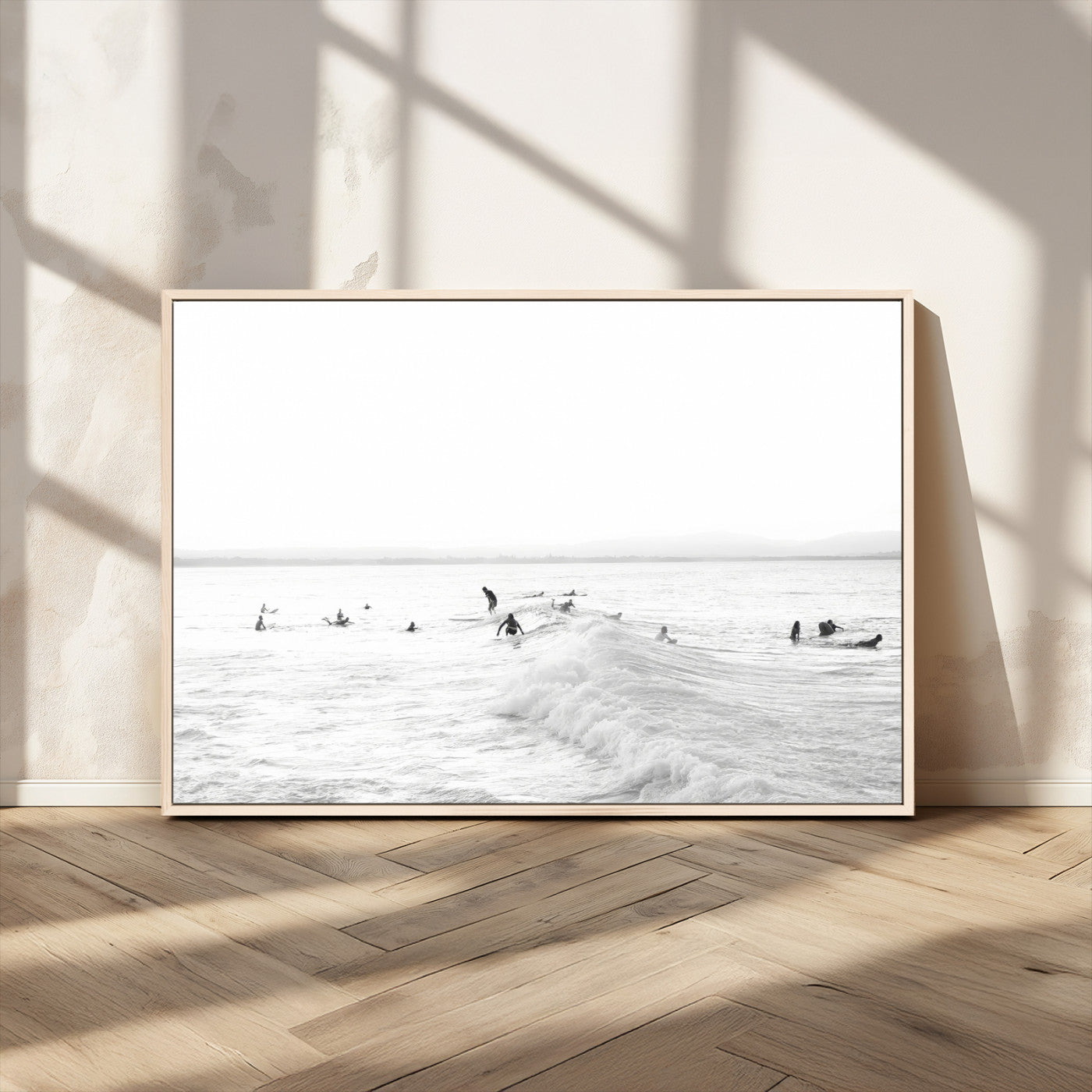 33449548-MGV-CV-36X24-Group Surfers Wall Art Canvas Print, Framed Ocean Wave Art Picture Print, Surf Crowd Perfect Monochrome Surf Decor Artwork