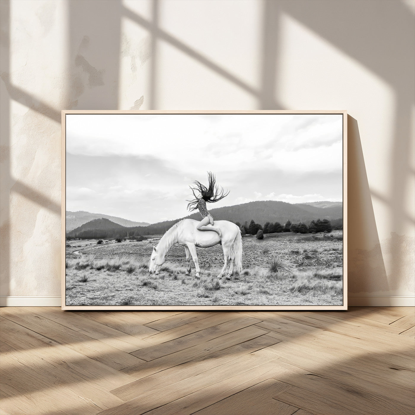 62789800-MGV-CV-36X24-White Horse Wall Art Canvas Print, Framed Woman Rider Art Picture Print, Equestrian Pose Perfect Western Boho Decor Artwork