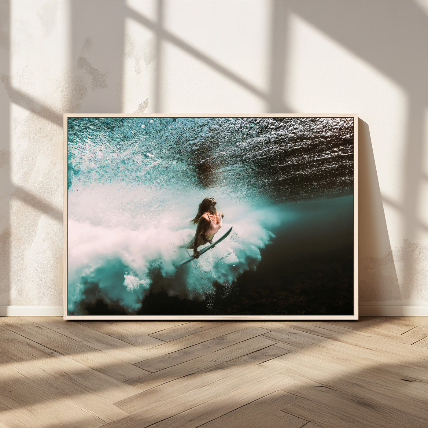 85923512-MGV-CV-36X24-Aquatic Motion Wall Art Canvas Print, Framed Underwater Swimming Art Picture Print, Female Surfer Diving Perfect Coastal Boho