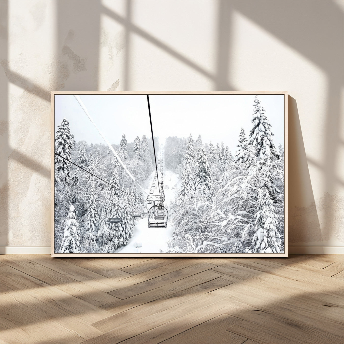 44705668-MGV-CV-36X24-Winter Forest Wall Art Canvas Print, Framed Snowy Forest Art Picture Print, Ski Lift Perfect Scandinavian Decor Artwork