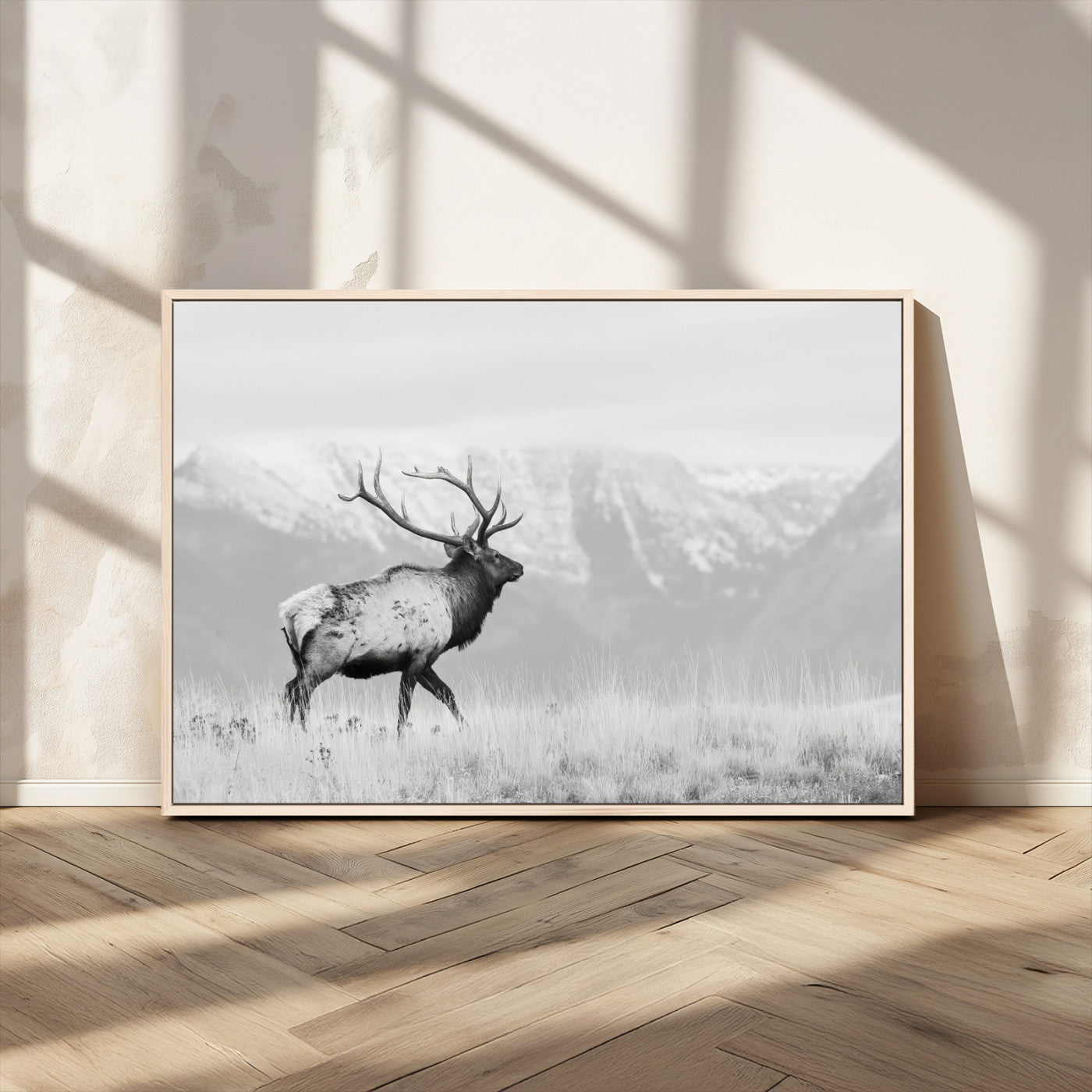 62278753-MGV-CV-36X24-Monochrome Elk Wall Art Canvas Print, Framed Mountain Wildlife Art Picture Print, Rustic Nature Perfect Rustic Minimalist Decor