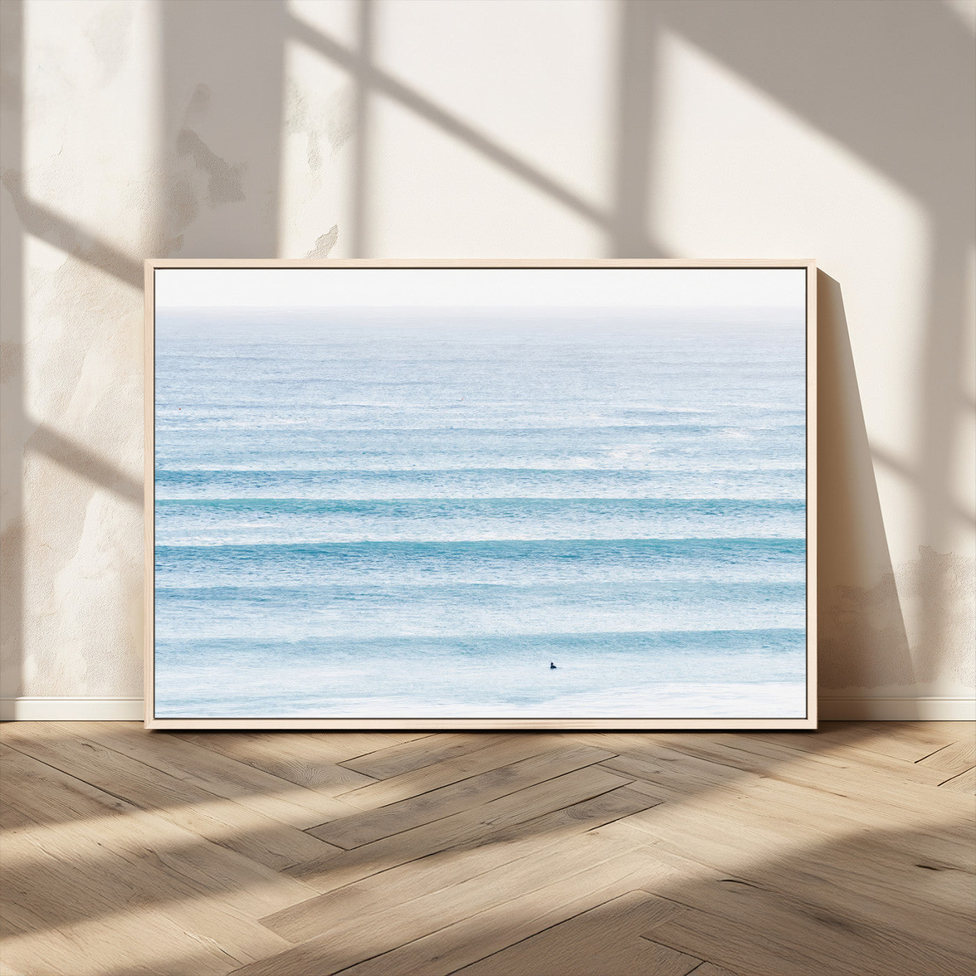 77145995-MGV-CV-36X24-Ocean Simplicity Wall Art Canvas Print, Framed Surfer on Water Art Picture Print, Light Blue Perfect Coastal Minimalist Decor