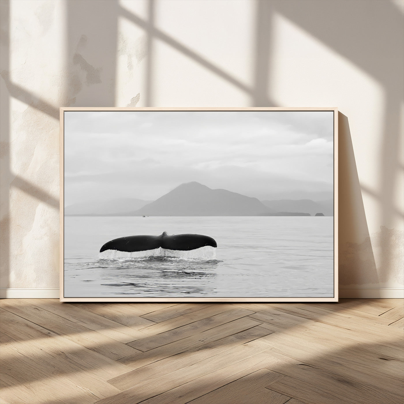 30524220-MGV-CV-36X24-Whale Tail Wall Art Canvas Print, Framed Black White Ocean Art Picture Print, Calm Marine Perfect Minimalist Coastal Decor Artwork
