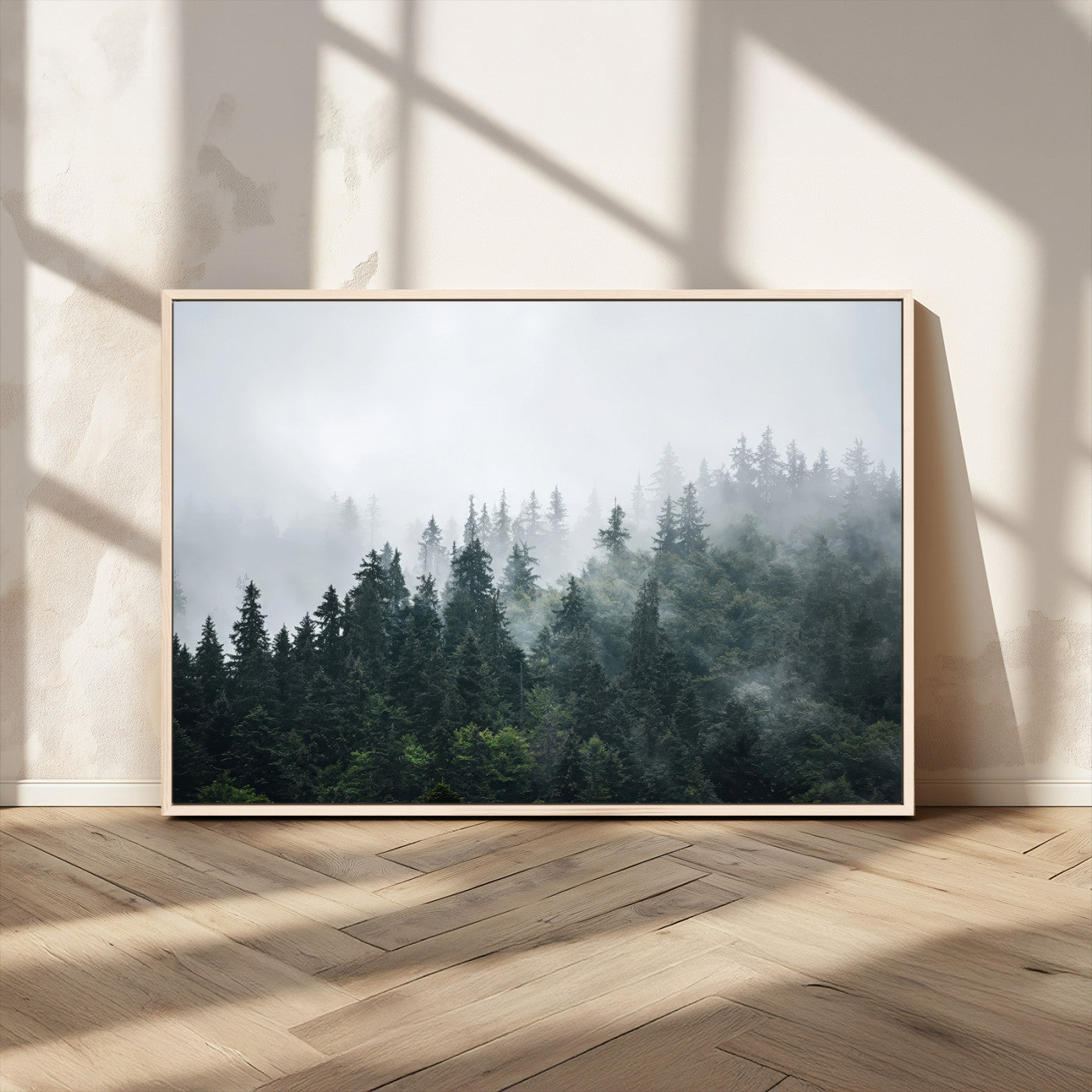 84146572-MGV-FC-36X24_Natural-Foggy Pine Trees Wall Art Canvas Print, Framed Forest Nature Art Picture Print, Evergreen Forest Perfect Scandinavian Minimalist