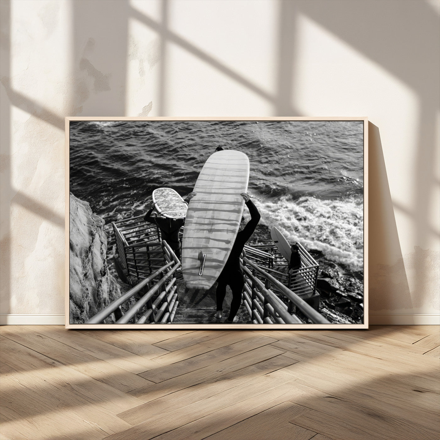 32353707-MGV-CV-36X24-Black White Surfing Wall Art Canvas Print, Framed Coastal Surfing Art Picture Print, Wave Riders Perfect Coastal Adventure Decor