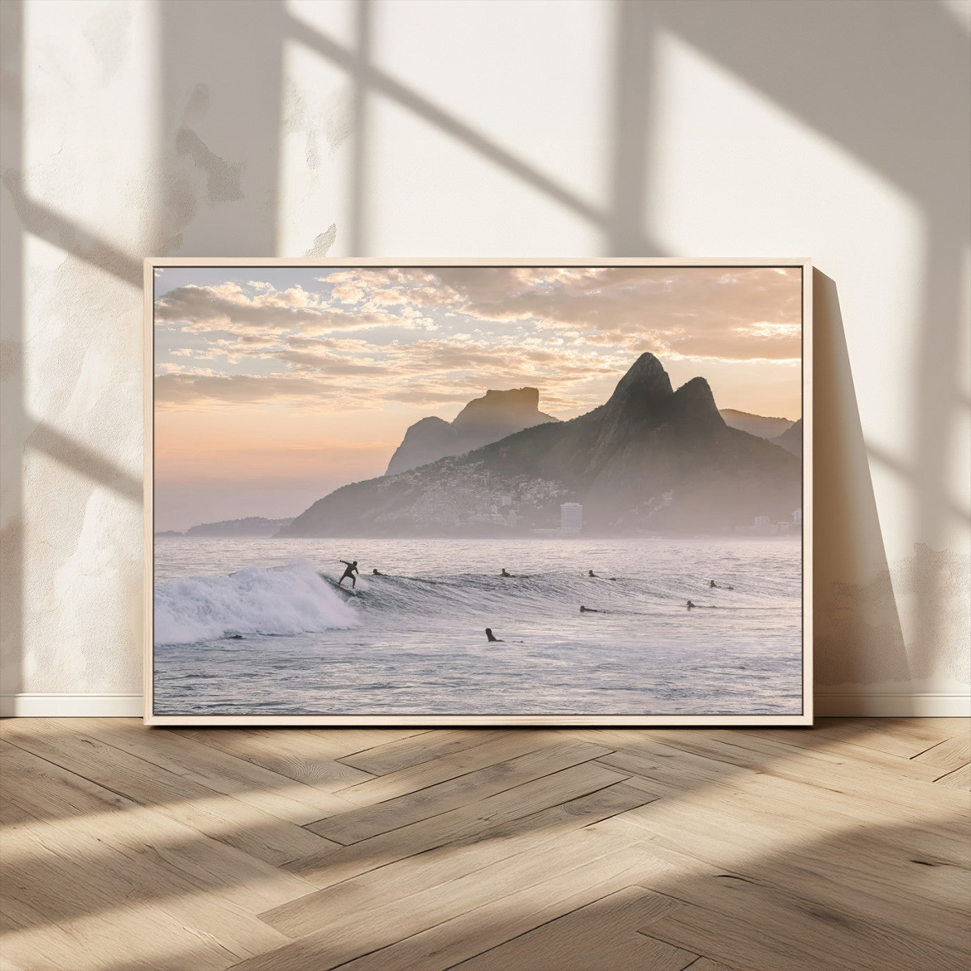 70644906-MGV-CV-36X24-Sunset Surfing Wall Art Canvas Print, Framed Misty Mountains Art Picture Print, Surfer Riding Wave Perfect Coastal Adventure Decor