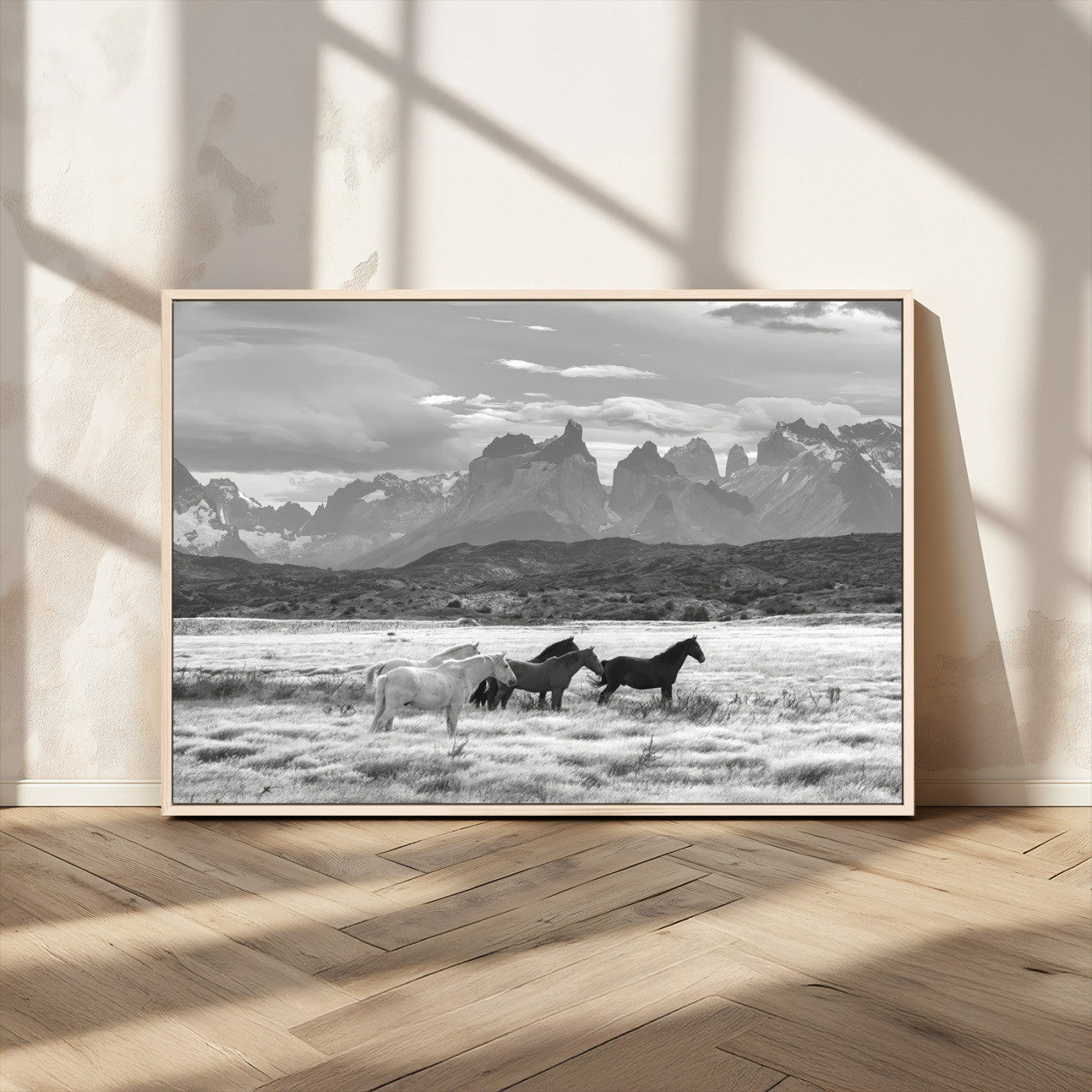 21655040-MGV-CV-36X24-Wild Horses Wall Art Canvas Print, Framed Black White Mountains Art Picture Print, Rustic Countryside Perfect Rustic Western Decor