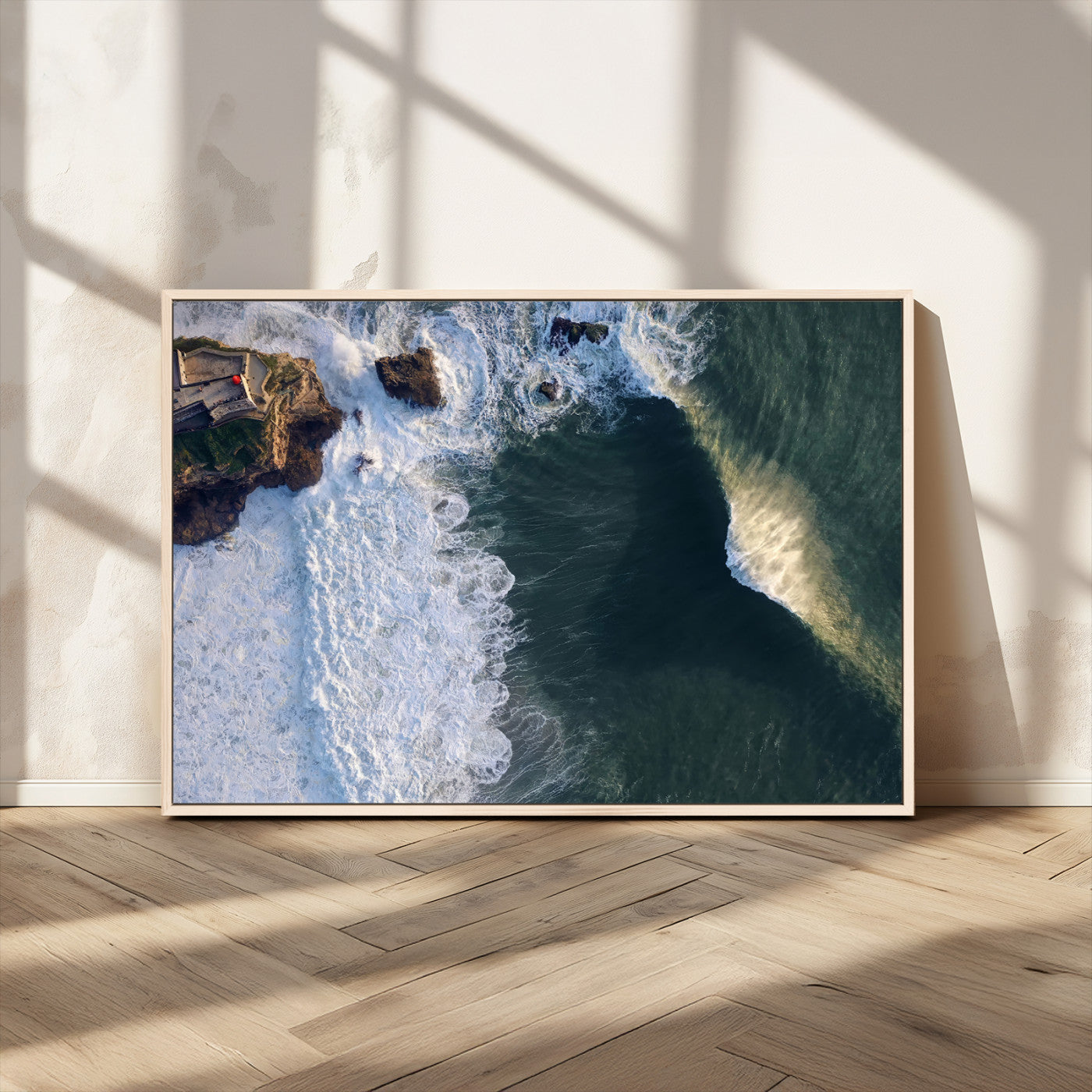 37405684-MGV-CV-36X24-Nazaré Coast Wall Art Canvas Print, Framed Aerial Ocean Art Picture Print, Coastal Fortress Perfect Dramatic Coastal Decor Artwork