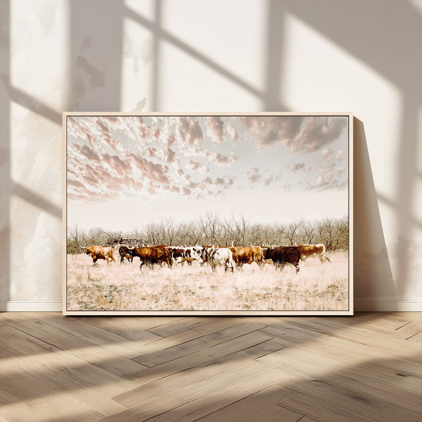 57389417-MGV-CV-36X24-Cow Herd Photography Wall Art Canvas Print, Framed Rustic Farmhouse Decor Art Picture Print, Western Ranch Style Perfect Rustic