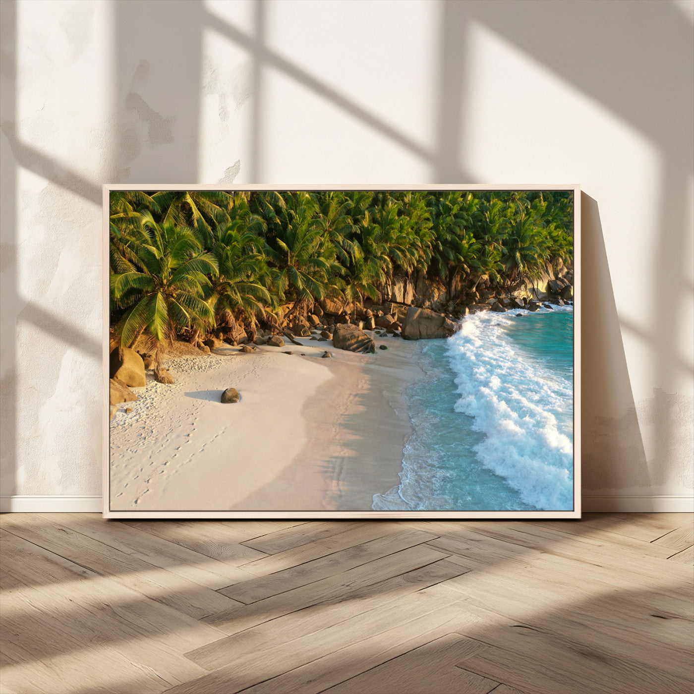 82312665-MGV-CV-36X24-Tropical Beach Wall Art Canvas Print, Framed Ocean Waves Art Picture Print, Palm Trees Perfect Coastal Minimalist Decor Artwork