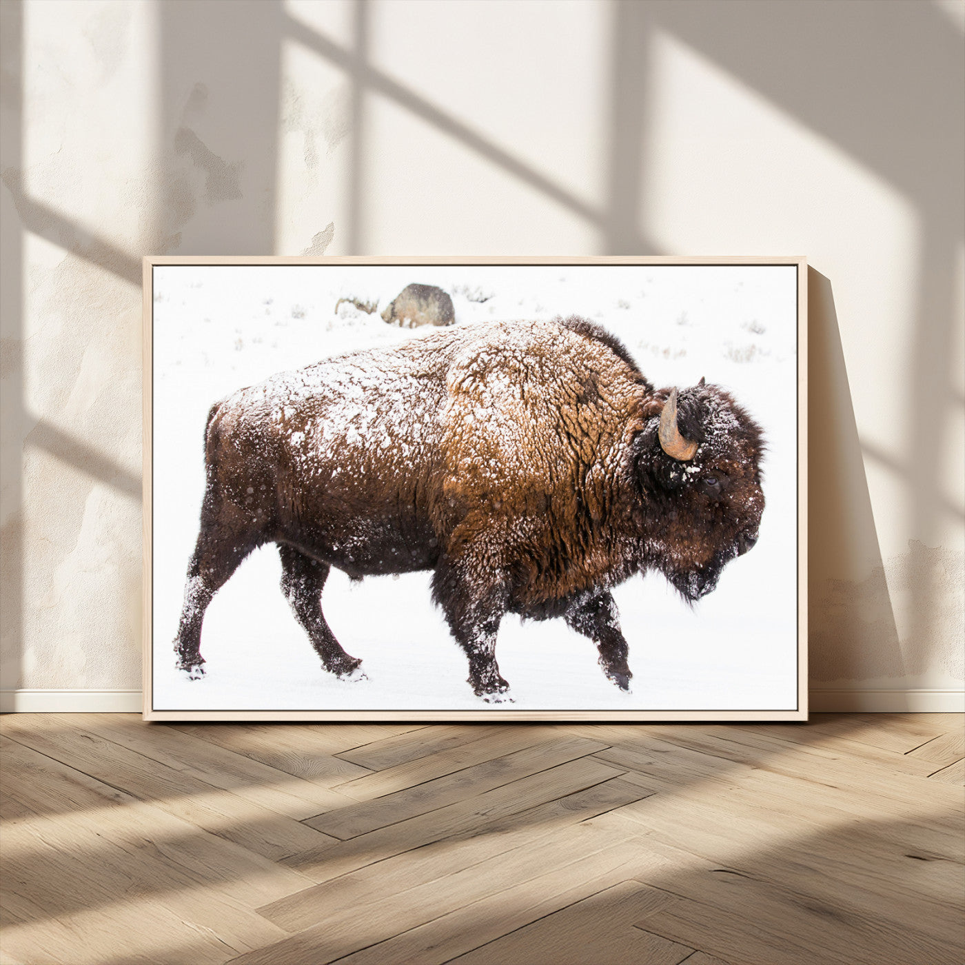 94261165-MGV-CV-36X24-Snowy Buffalo Wall Art Canvas Print, Framed Wildlife Photography Art Picture Print, Brown Tones Perfect Rustic Lodge Decor Decor