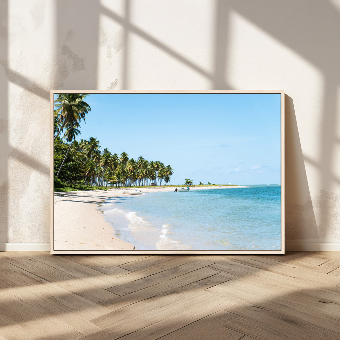 37858872-MGV-CV-36X24-Palm Tree Coast Wall Art Canvas Print, Framed Island Getaway Art Picture Print, Crystal Blue Water Perfect Tropical Coastal Decor