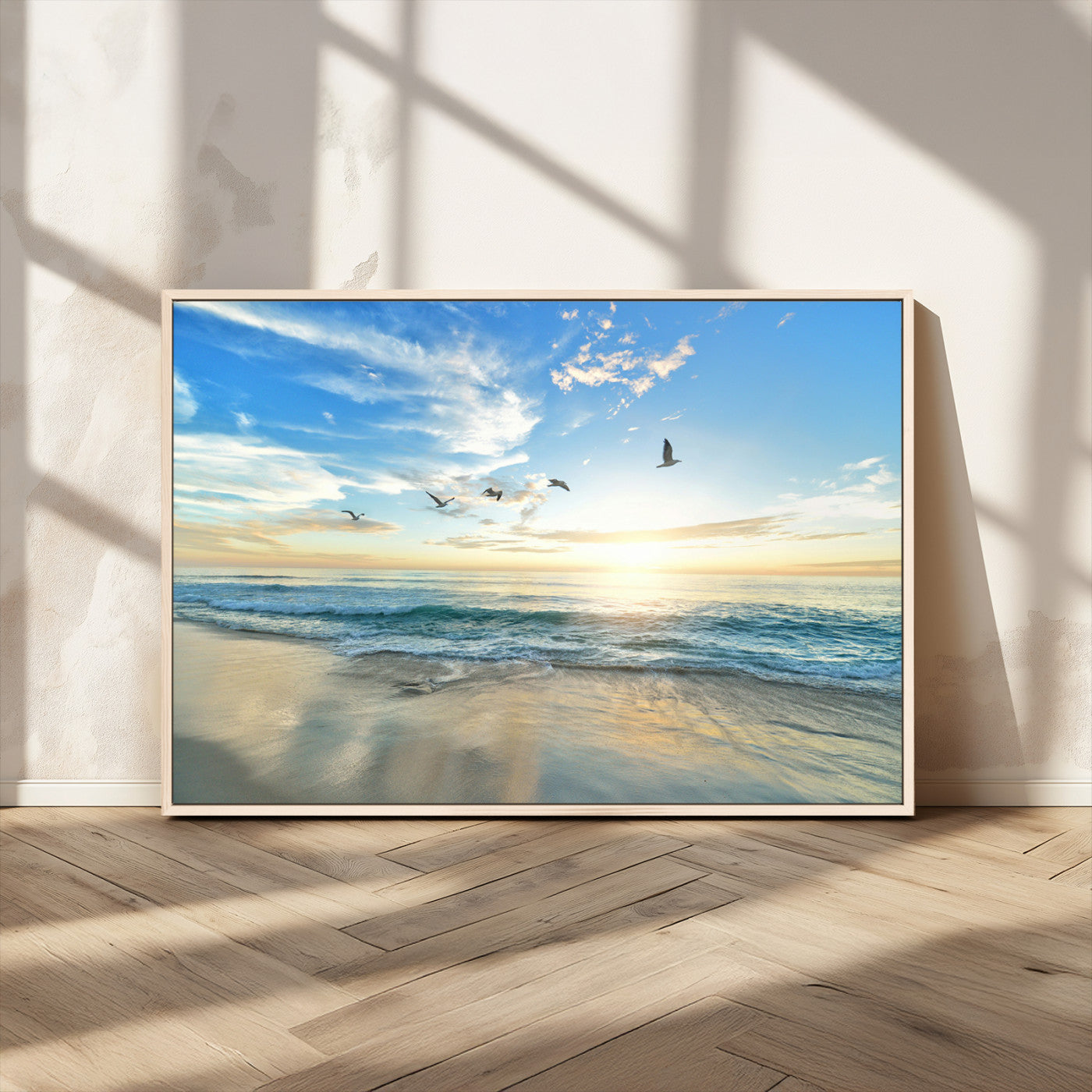 20708696-MGV-CV-36X24-Minimalist Seaside Wall Art Canvas Print, Framed Morning Glow Art Picture Print, Golden Reflections Perfect Coastal Minimalist