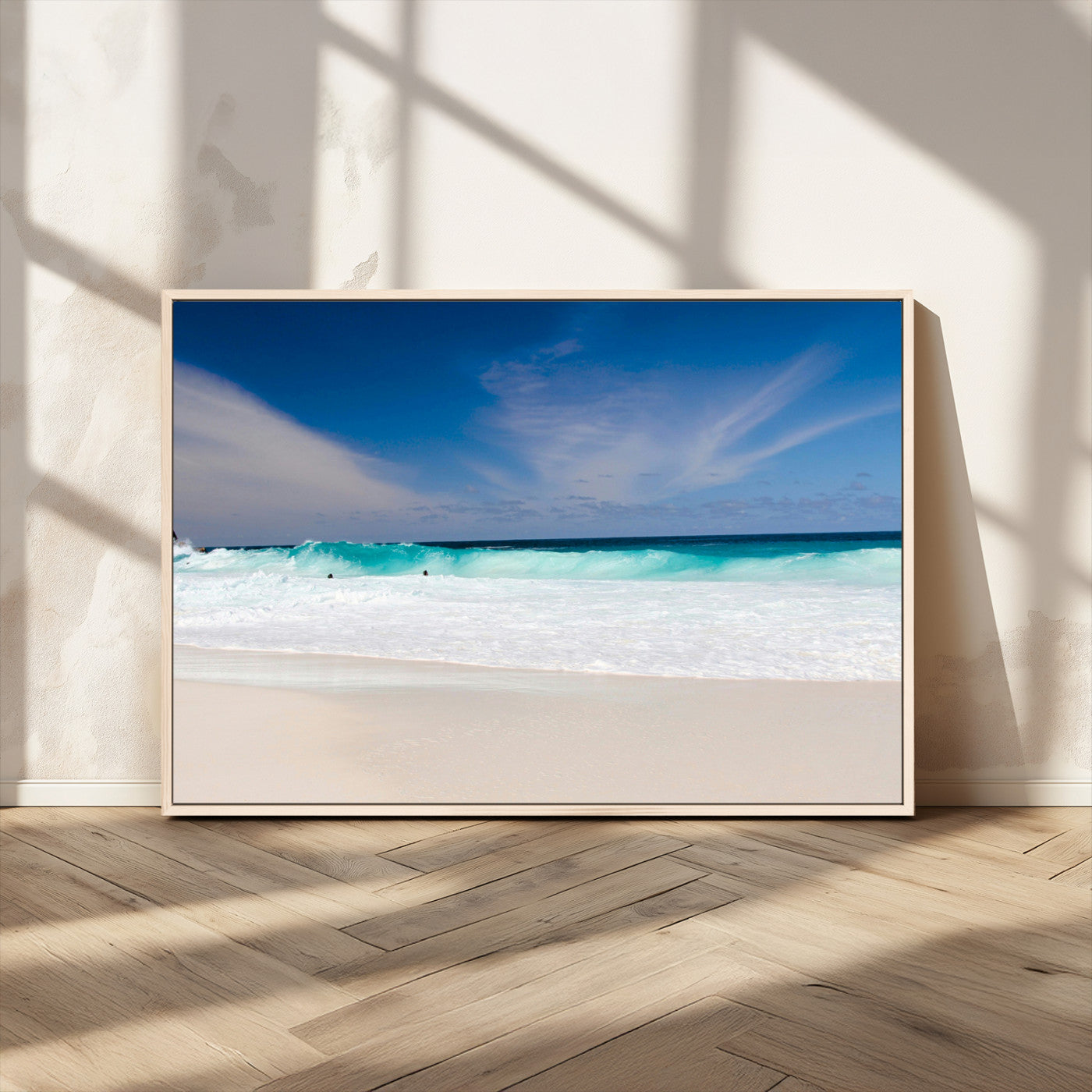 55017356-MGV-CV-36X24-Ocean Beach Wall Art – Turquoise Wave and White Sand Shoreline Canvas Print, Coastal Seascape Photography Decor for Living Room,