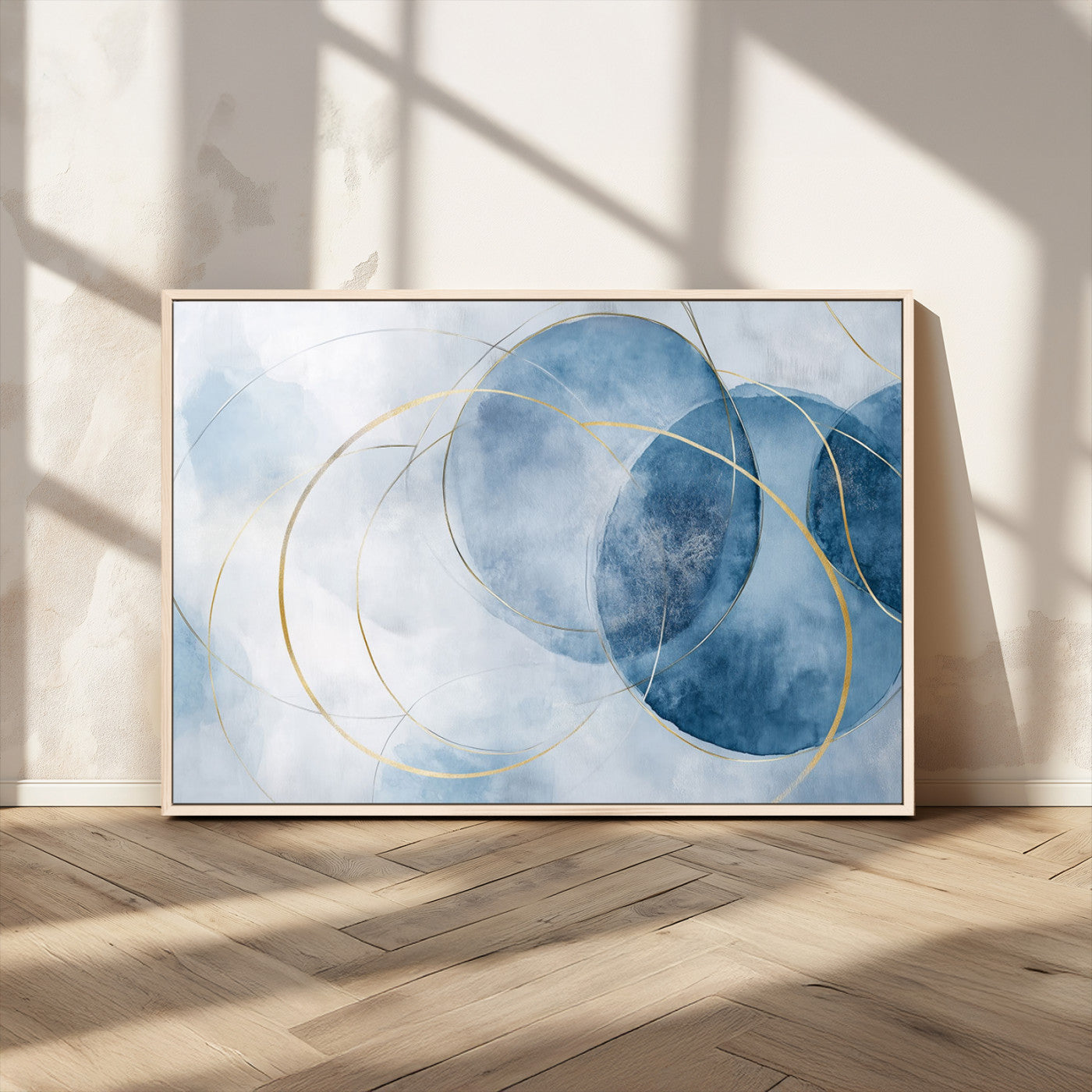 47060443-MGV-FC-36X24_Natural-Blue Abstract Circle Wall Art – Modern Gold and Navy Canvas Print, Minimalist Geometric Painting for Living Room, Bedroom, Office
