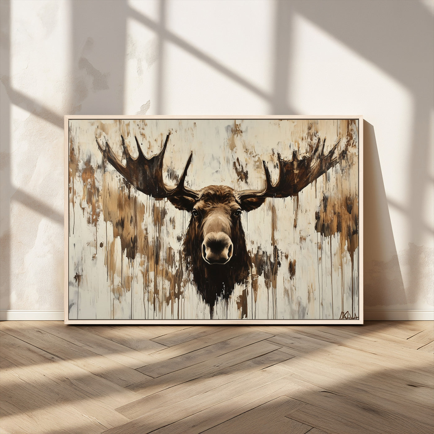 34496536-MGV-CV-36X24-Rustic Moose Wall Art – Modern Abstract Animal Canvas Print – Majestic Moose Head Painting with Neutral Earth Tones for Cabin,