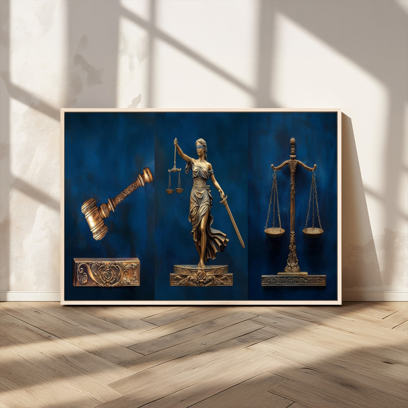 91629053-MGV-CV-36X24-Lady Justice Wall Art – Golden Gavel and Scales Canvas Print, Elegant Legal Office Decor for Lawyers, Judges, Courtroom or Study