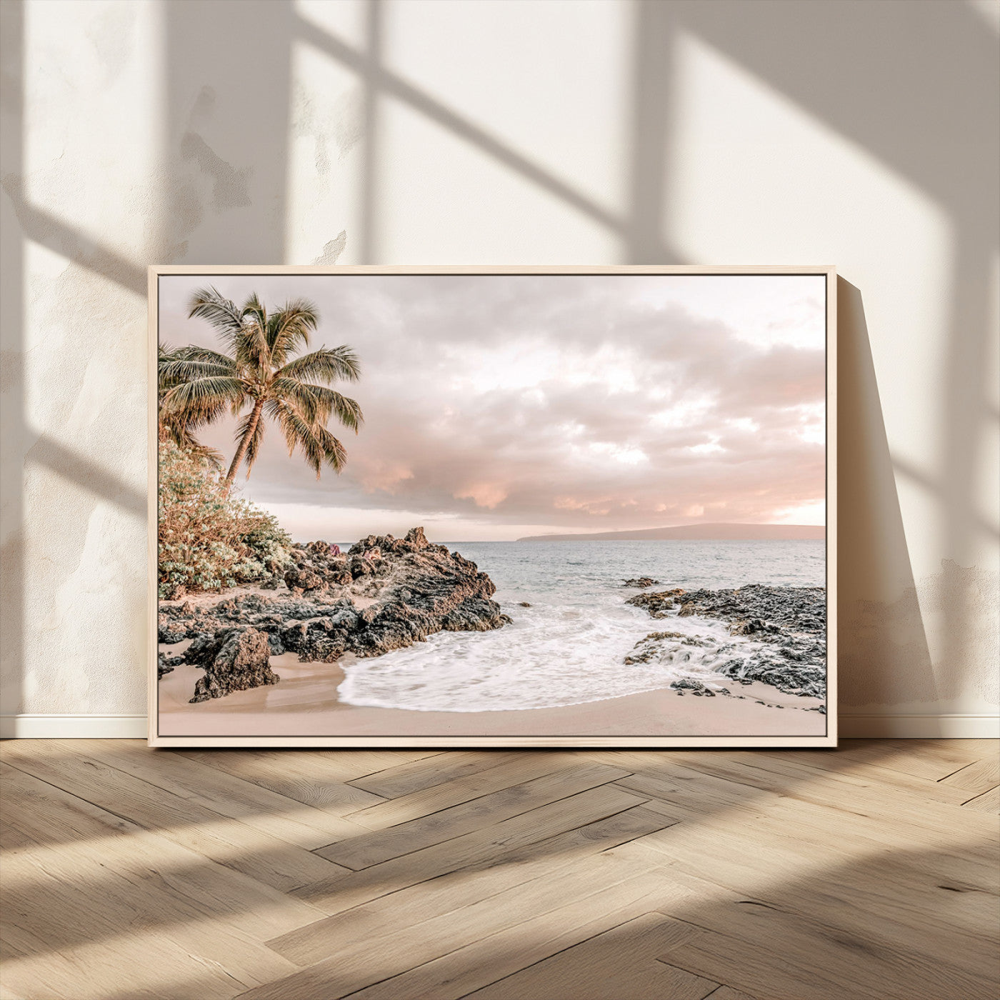 14214613-MGV-FC-36X24_Natural-Tropical Beach Wall Art – Palm Tree and Ocean Sunset Canvas Print, Relaxing Coastal Landscape Decor for Living Room, Bedroom, or