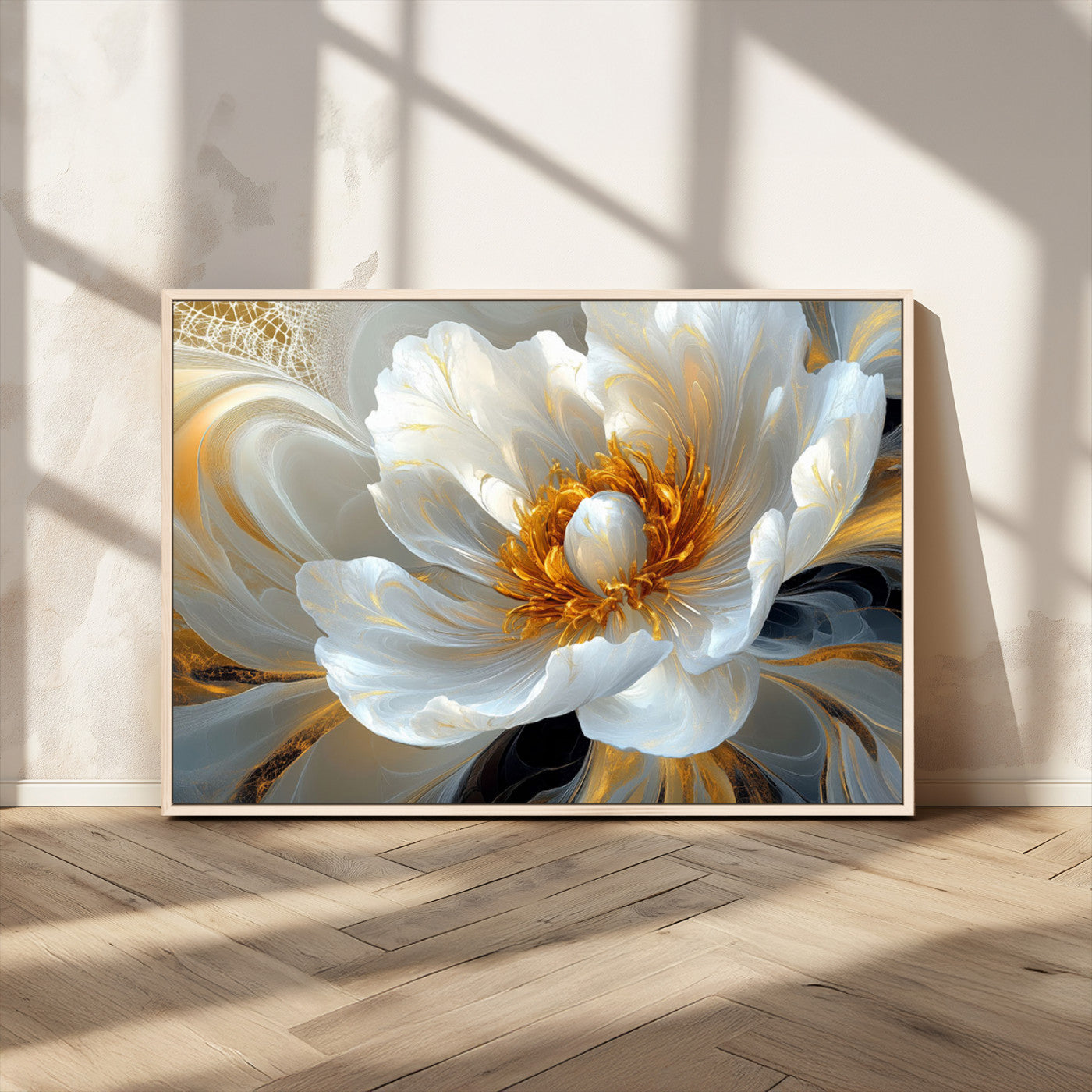 39604126-MGV-FC-36X24_Natural-Abstract Flower Wall Art – Elegant White and Gold Bloom Canvas Print, Modern Floral Artwork for Bedroom, Living Room, or Office