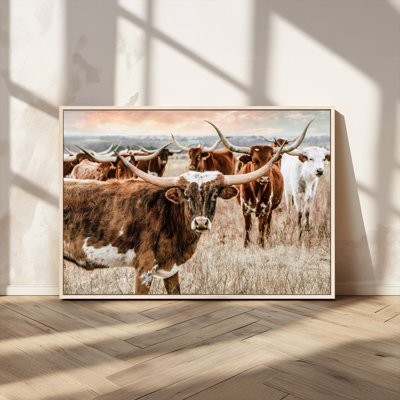 47758300-MGV-FC-36X24_Natural-Texas Longhorn Cattle Wall Art – Rustic Western Herd Canvas Print, Cowboy Ranch Farmhouse Decor for Living Room, Office, or