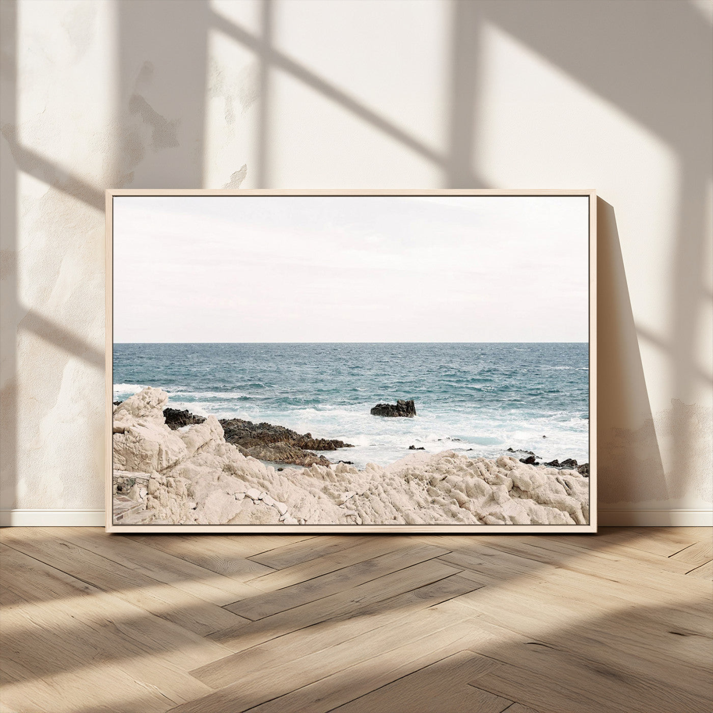 25481980-MGV-FC-36X24_Natural-Ocean Coastal Wall Art – Rocky Shoreline and Waves Canvas Print, Serene Beach Landscape Decor for Living Room, Bedroom, or Office