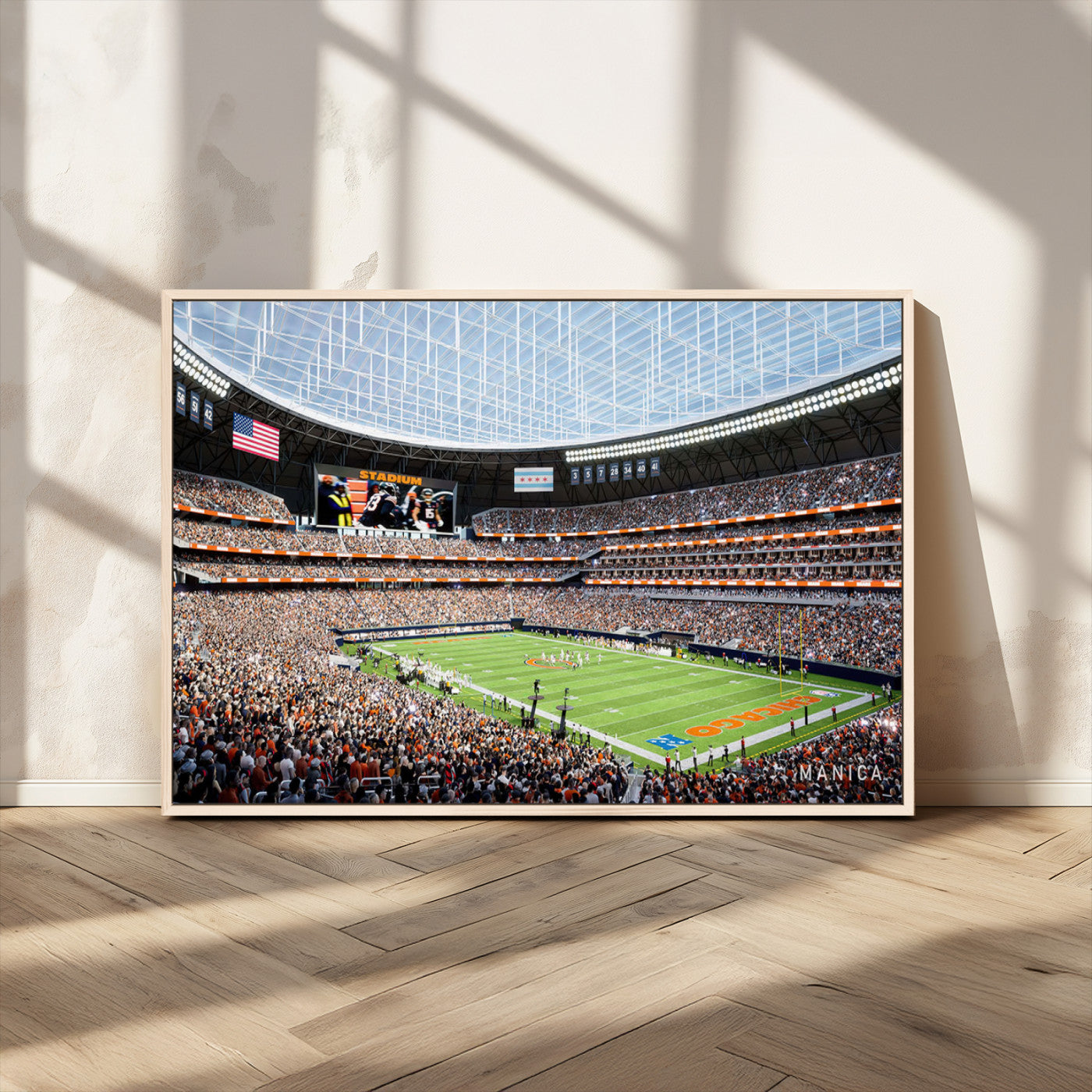 32530647-MGV-FC-36X24_Natural-Chicago Bears Stadium Wall Art – Futuristic Dome Arena Canvas Print, Modern Football Concept Design Decor for Man Cave, Bar, or