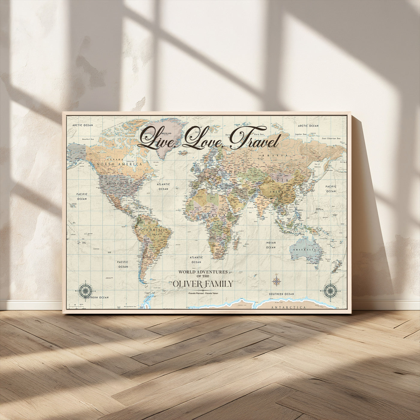 19479008-MGV-FC-36X24_Natural-Live Love Travel Wall Art – Detailed World Map Canvas Print, Adventure Decor for Living Room, Office or Bedroom, Travel Gift for