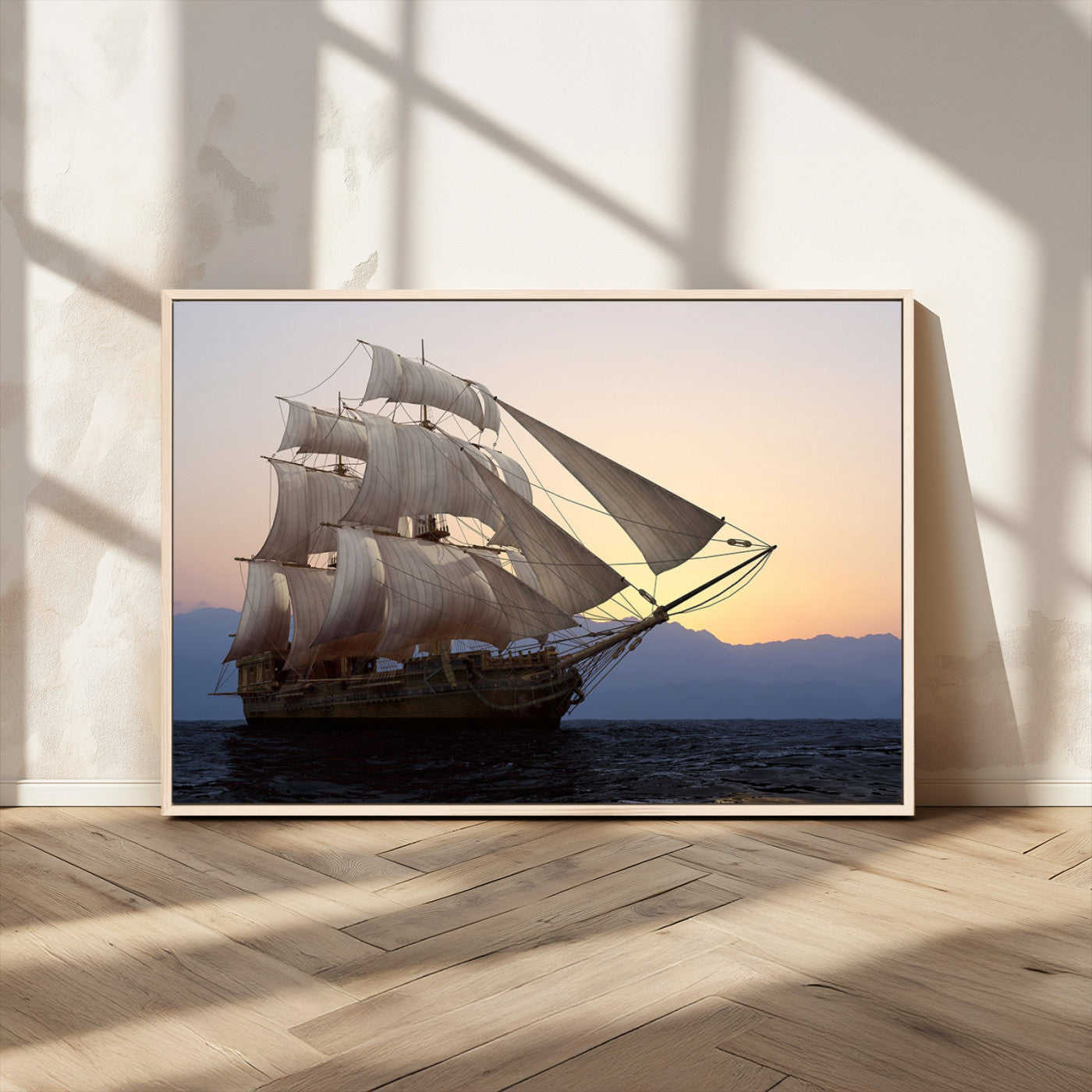 31270610-MGV-FC-36X24_Natural-Sailing Ship Wall Art – Sunset Seascape Canvas Print with Tall Ship at Sea, Nautical Ocean Decor for Living Room, Office, or
