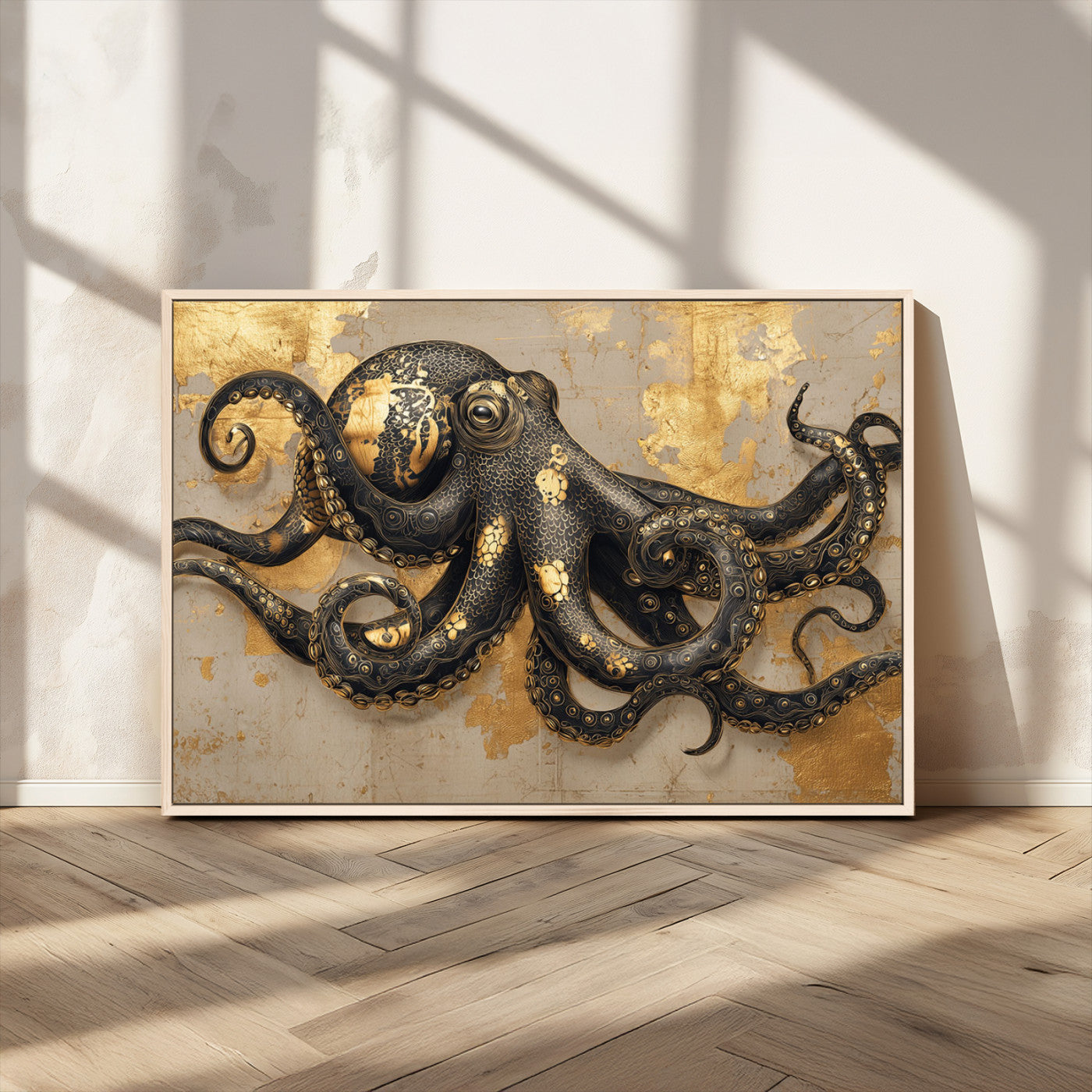 57944271-MGV-FC-36X24_Natural-Octopus Wall Art – Black and Gold Nautical Canvas Print, Modern Ocean Inspired Artwork with Elegant Detailing, Coastal Marine
