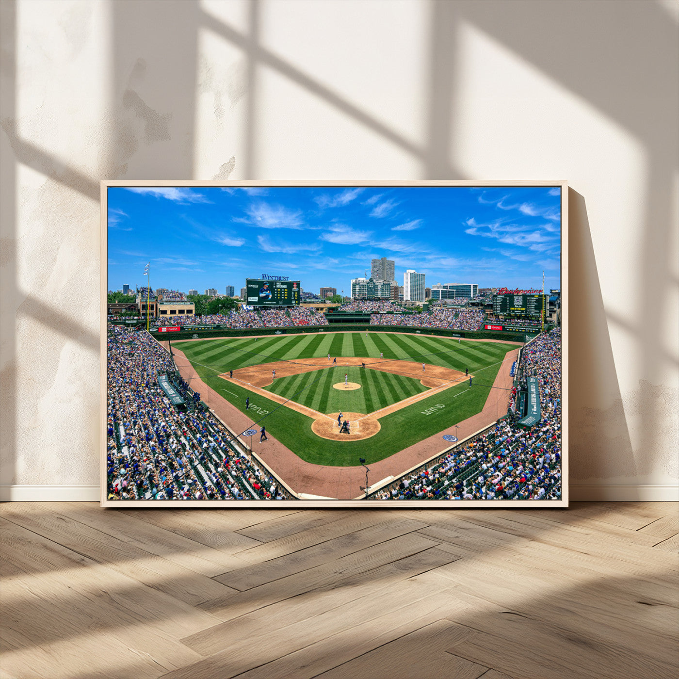 56213978-MGV-CV-36X24-Wrigley Field Baseball Stadium Canvas Wall Art – Packed Crowd Sports Stadium Print, City Skyline Baseball Field Canvas for Game