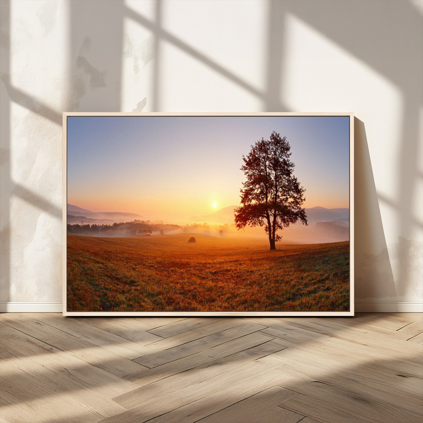57919623-MGV-FC-36X24_Natural-Sunrise Landscape Wall Art – Golden Morning Canvas Print with Tree, Misty Hills and Open Field, Peaceful Nature Photography for
