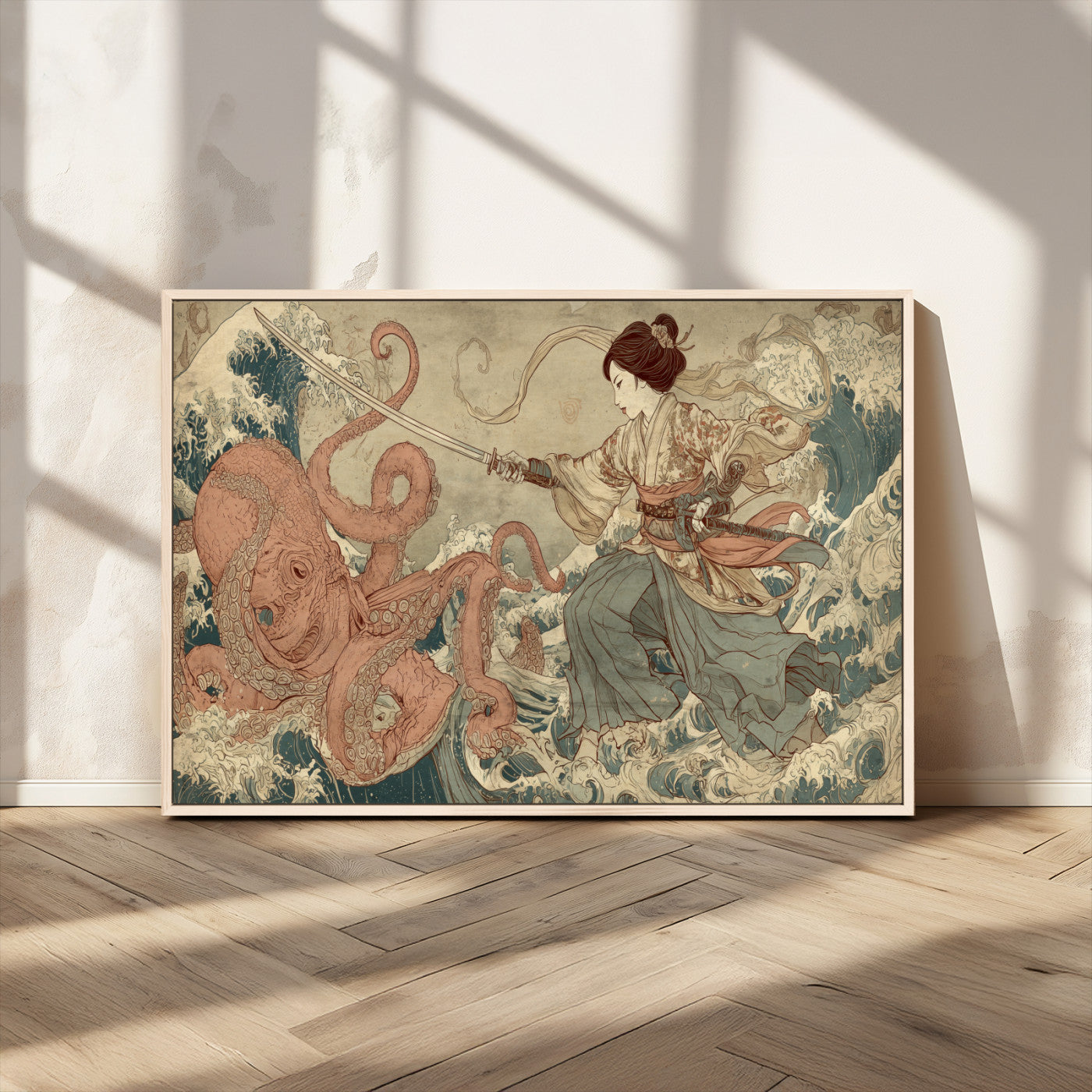 54879547-MGV-CV-36X24-Tsukioka Yoshitoshi Samurai Wall Art Print, Japanese Katana Warrior Canvas Wall Art, Octopus Sea Monster Canvas Print,